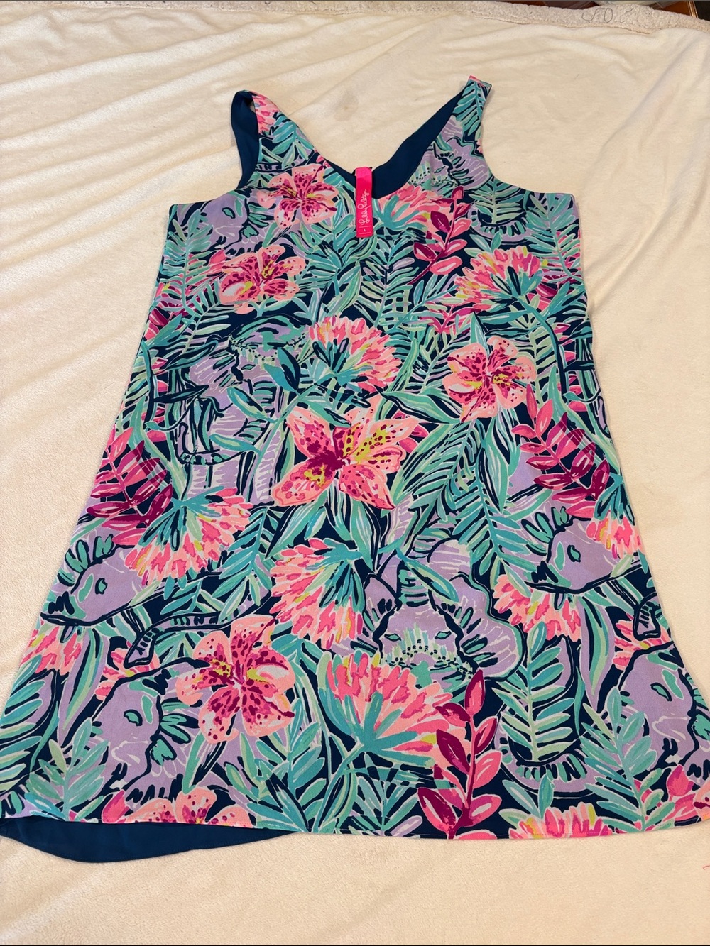 Lilly Pulitzer Navy Shift Dress with Pink & Teal Tropical Print